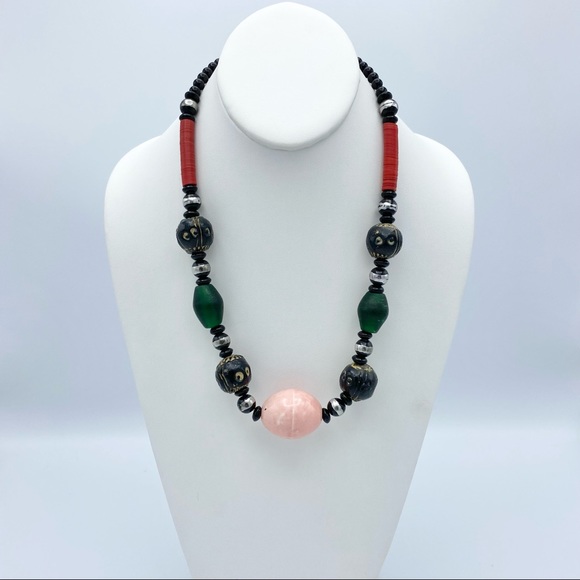 Artisan Vintage African Wood Ceramic Glass Tribal Bohemian Necklace - Picture 11 of 11